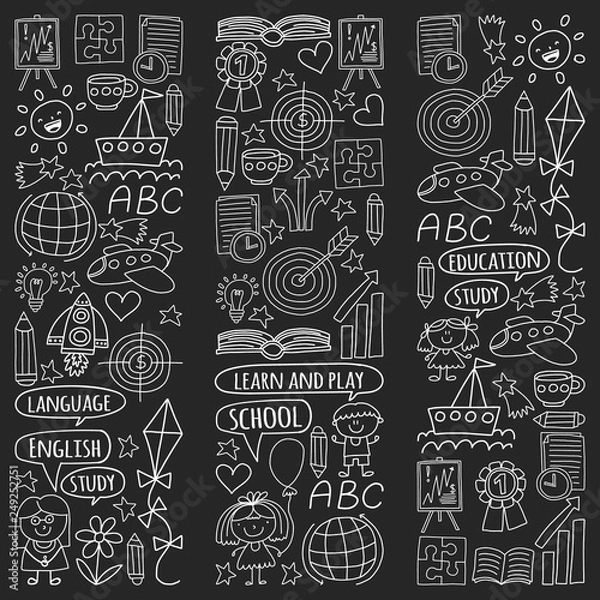 Fototapeta Vector set of learning English language, children's drawing icons in doodle style. Painted, black monochrome, chalk pictures on a blackboard.