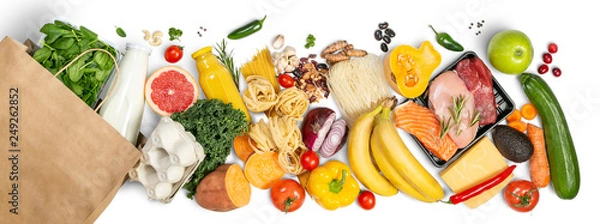 Obraz Grocery shopping concept - meat, fish, fruits and vegetables with shopping bag, top view