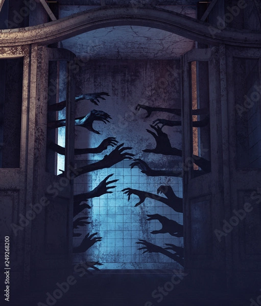 Fototapeta Dom tysiąca rąk, ręce nieumarłych za drzwiami w nawiedzonym domu, renderowanie 3d