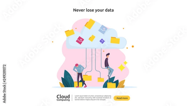 Fototapeta Cloud computing concept. Hosting network service or Online database storage system with people character for web landing page template, banner, presentation, social, and print media with flat style.