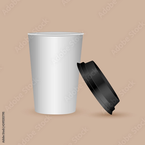 Obraz Realistic 3d paper coffee cup. Design template for graphics, mockup. Front view. Vector illustration