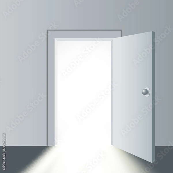 Obraz Open door in a white room with the outgoing light. Vector illustration