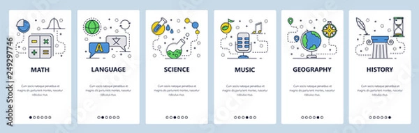 Fototapeta Web site onboarding screens. School education subjects. Math, science, language, history. Menu vector banner template for website and mobile app development. Modern design flat illustration.