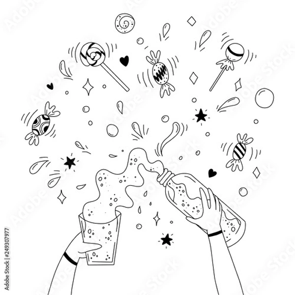 Obraz Someone is pouring some liquid from bottle to a glass. Sweets and lollipops. Black and white illustration for coloring book. Vector outline illustration.