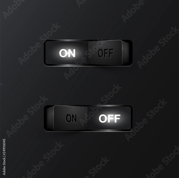 Obraz Realistic black switches (ON/OFF) on black background, vector illustration