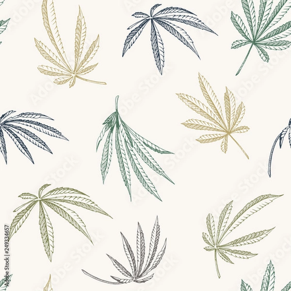 Fototapeta Vector colorful Seamless pattern of hemp plant on a beige background cannabis texture