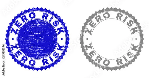 Fototapeta Grunge ZERO RISK stamp seals isolated on a white background. Rosette seals with distress texture in blue and gray colors. Vector rubber stamp imitation of ZERO RISK caption inside round rosette.