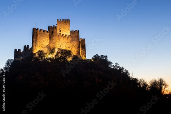 Fototapeta Almourol, Portugal - January 12, 2019: Almourol castle at dusk and illuminated by artificial light.