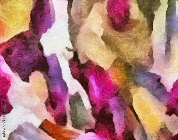 Obraz Detailed close-up grunge clouds abstract background. Dry brush strokes hand drawn oil painting on canvas texture. Creative simple pattern for graphic work, web design or wallpaper. Chaotic splashes.
