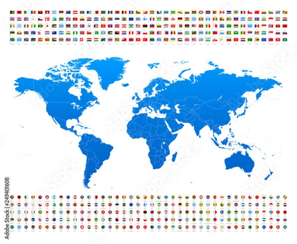 Fototapeta Blue World Map and Flags - borders, countries and cities -illustration