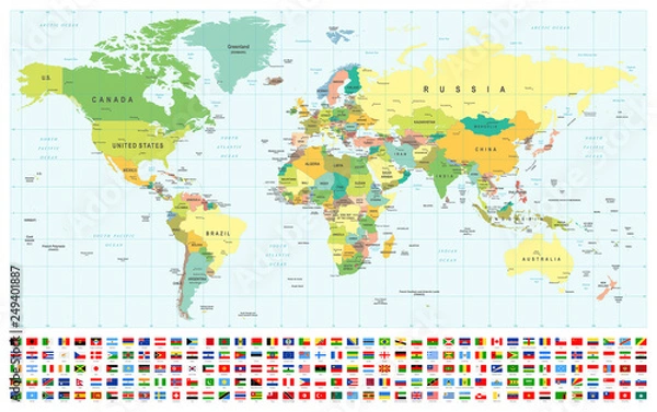 Obraz World Map and Flags - borders, countries and cities -illustration