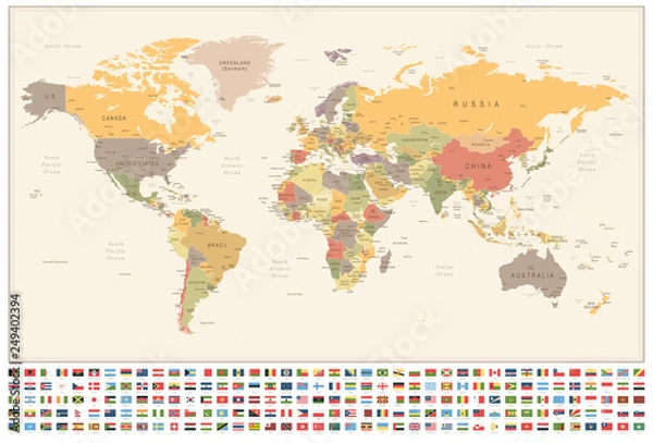 Obraz World Map and Flags - borders, countries and cities - vintage illustration