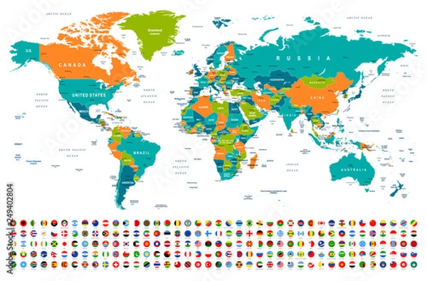 Fototapeta World Map and Flags - borders, countries and cities -illustration