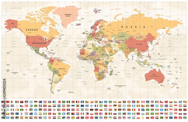 Fototapeta World Map and Flags - borders, countries and cities - vintage illustration