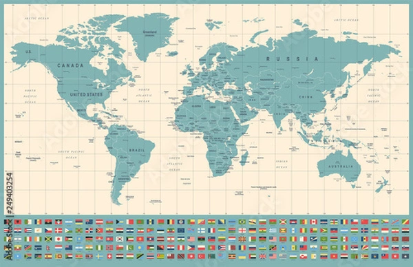 Obraz World Map and Flags - borders, countries and cities - vintage illustration