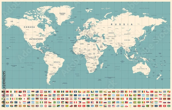 Obraz World Map and Flags - borders, countries and cities - vintage illustration