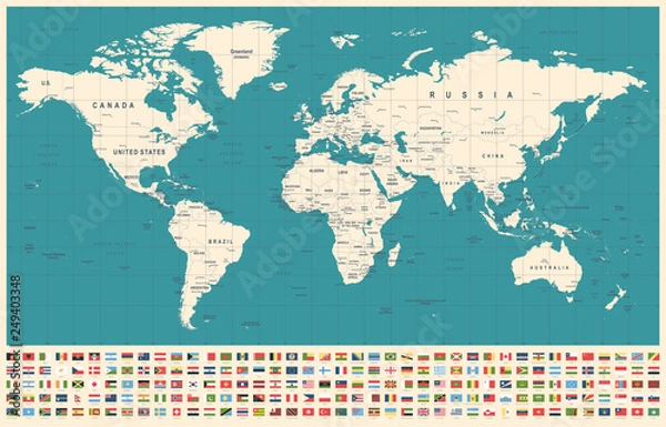 Obraz World Map and Flags - borders, countries and cities - vintage illustration