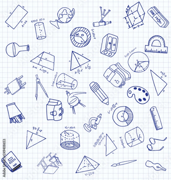 Obraz Vector set of secondary school icons in doodle style. Painted, drawn with a pen, on a sheet of checkered paper