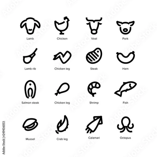 Obraz Meat and fish icons vector set