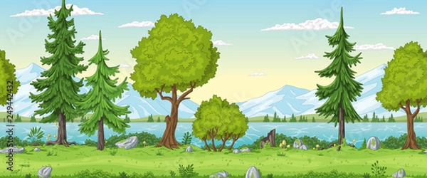 Fototapeta Seamless cartoon summer landscape. Hand draw with separate layers.