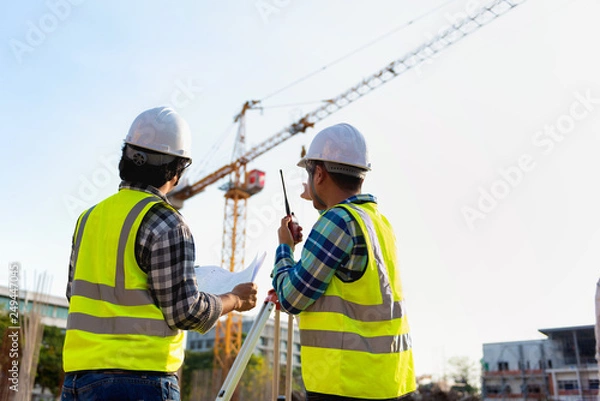 Fototapeta Construction engineers discussion with architects at construction site or building site of highrise building with Surveying for making contour plans is a graphical representation of the lay in land.