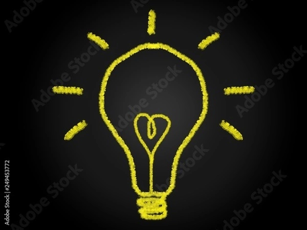 Obraz Yellow line drawing for light bulb concept idea with ray shine and heart filament lamp on black background. Digital art drawing.
