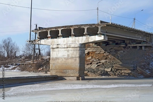 Fototapeta Destruction of the bridge after the flood