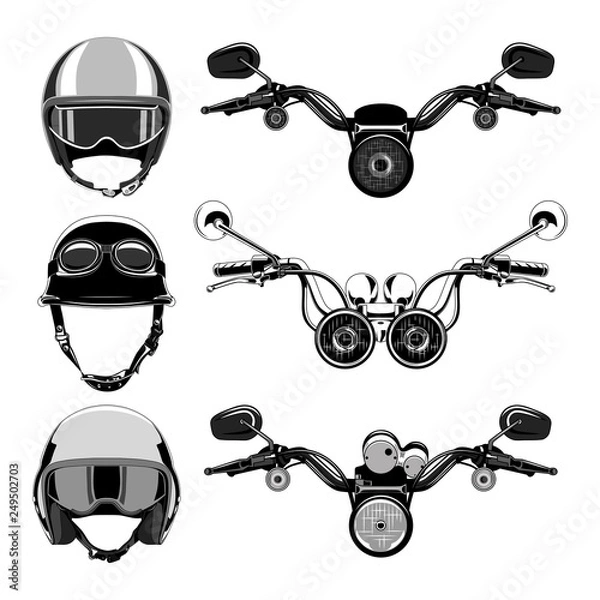 Obraz Set of vector images of motorcycle handlebars and motorcycle helmets.