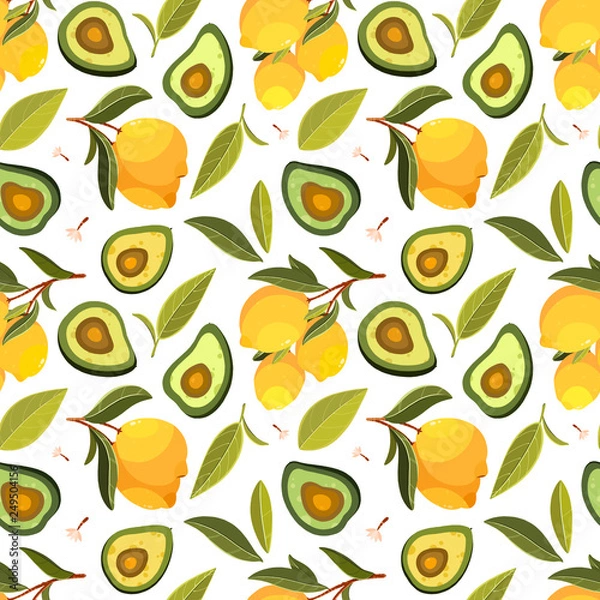 Fototapeta Fruit seamless pattern. Pattern with lemon, avocado, leaves and branches. Use for postcard, print, packaging etc.
