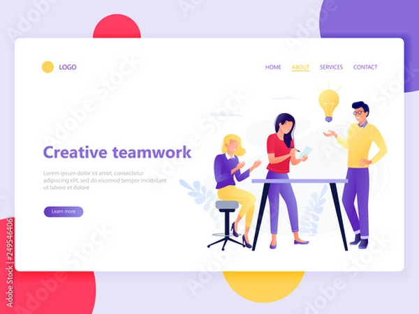 Fototapeta Landing web page template of creative teamwork - people working in friendly workplace. Coworking, teamwork, idea, communication, interaction. Flat concept vector illustration.