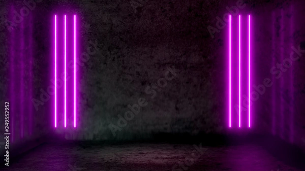 Fototapeta Empty dark abstract room with purple fluorescent neon lights. Stage, scene and night club party concept background with copy space for text or product display.