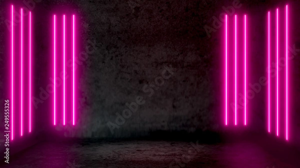 Fototapeta Empty dark abstract room with pink fluorescent neon lights. Stage, scene and night club party concept background with copy space for text or product display.