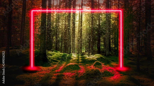 Fototapeta Red fluorescent neon laser lights in green magical forest landscape. Mysterious UFO portal gate concept background.