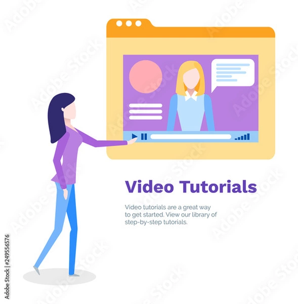 Fototapeta Video tutorials for student studying online poster vector. Teacher on screen, lady learning new information, discipline info. Tutor study interaction