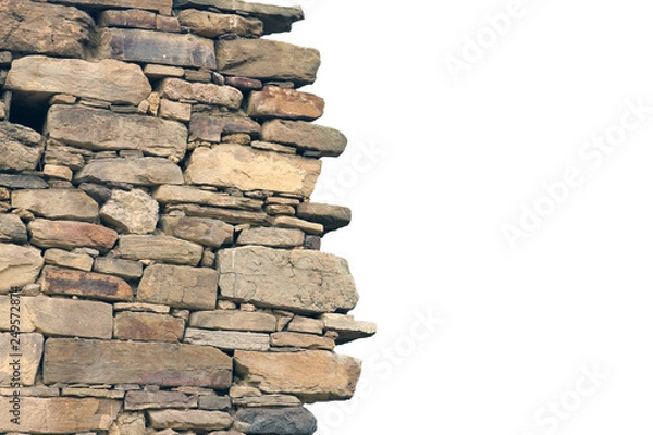 Obraz old ancient ruined stonework wall of bricks and stone blocks foreground closeup isolated on white background
