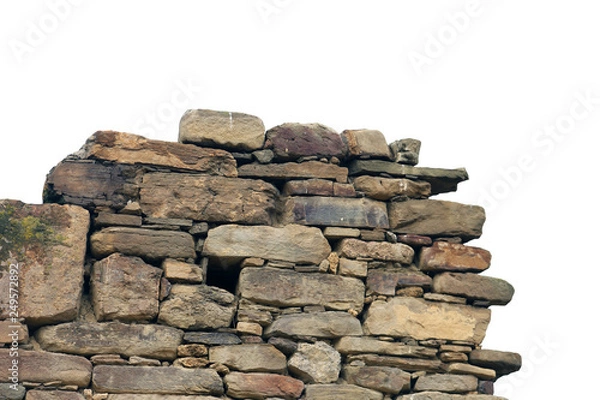 Obraz old ancient ruined stonework wall of bricks and stone blocks foreground closeup isolated on white background