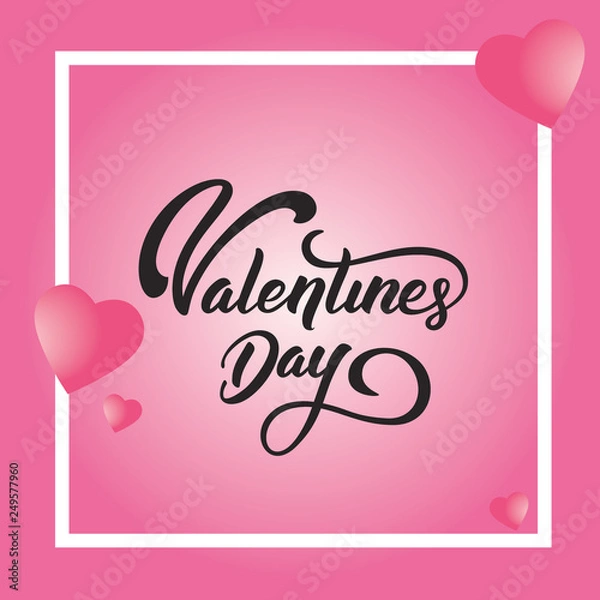 Fototapeta Happy Valentines Day typography text with pink background and square frame.