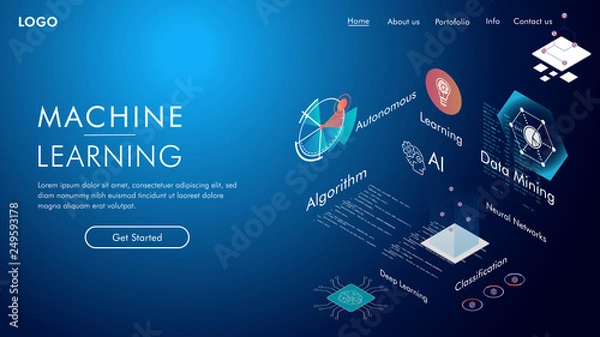 Obraz Machine learning, Ai, Data mining, algorithm, algorithm, neural network, deep learning and autonomous. isometric vector concept.