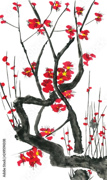 Fototapeta A branch of a blossoming sakura. Pink and red stylized flowers of plum mei and  wild cherry . Watercolor and ink illustration of tree in style sumi-e, go-hua,  u-sin. Oriental traditional painting. .