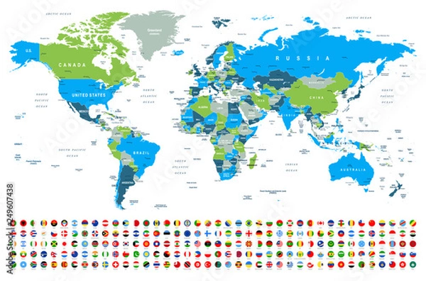 Fototapeta World Map and Flags - borders, countries and cities -illustration