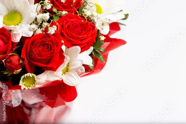 Obraz Beautiful designer bouquet of flowers in a beautiful cramped blue bucket.Isolated on a white background.Top view.