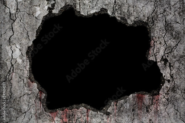 Fototapeta Bloody background scary on damaged grungy crack and broken concrete wall, concept of horror and Halloween