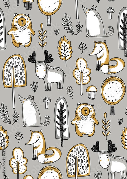 Fototapeta Vector seamless pattern with hand drawn wild forest animals,
