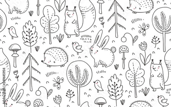 Fototapeta Vector seamless pattern with hand drawn wild forest animals,