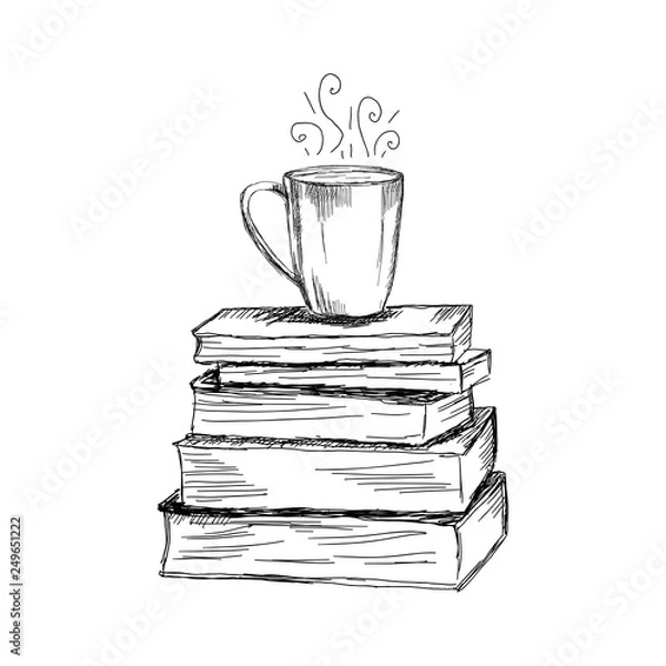 Fototapeta Hand drawn illustration of books and cup of coffee in sketch style