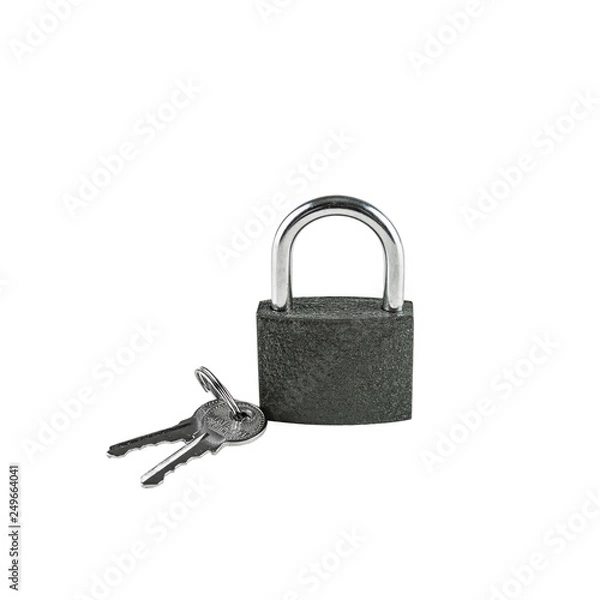 Fototapeta Isolated locked textural brown padlock with a bunch of three keys on a white background. Top view