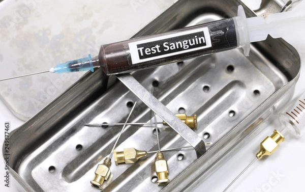 Fototapeta syringe with text TEST SANGUIN that means Blood Test in french l