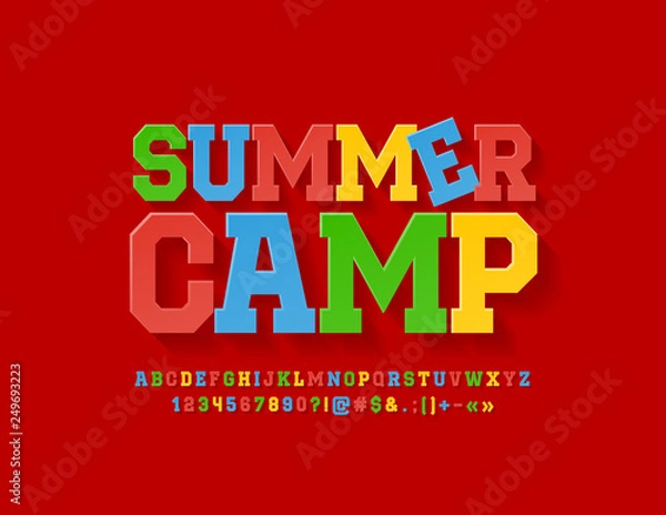 Fototapeta Vector Children logotype Summer Camp with Bright Font. Colorful Flat Alphabet Letters, Numbers and Symbols