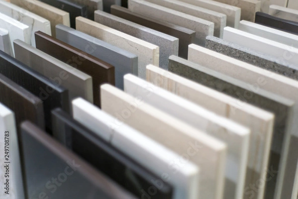 Fototapeta Close up of stone kitchen countertop samples