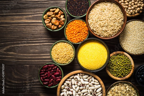 Fototapeta Grains, Legumes, and beans assortment top view.
